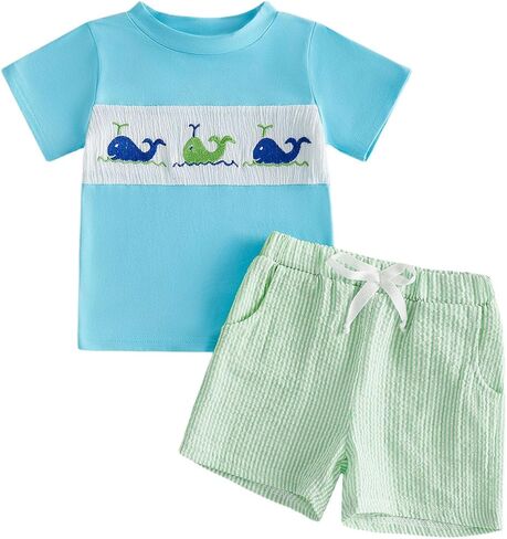 Toddler Baby Boy Fish Smocked Outfit Short Sleeve T-Shirt Striped Shorts | Infant Boys Fish Smocked Clothes Short Sleeve T-shirt Elastic Waist Bubble Short Pants 2 Piece Outfit 6m 12m 18m 24m 2t 3t 4t in Kuwait
