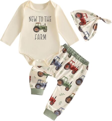 Bagilaanoe Newborn Baby Boy Outfit Fall Winter Clothes Farm Tractor Long Sleeve Romper Long Pants Hat Set in Kuwait