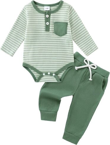 ZOEREA Baby Boy Clothes Outfits 0-24 Months Newborn Infant Fall Winter | Soft, Cute Long Sleeve Buttons Rompers, Crew Neck, Elastic Waist Pants, Spring, Preemie Toddler Little Kids, gift, 2 Pcs in Kuwait
