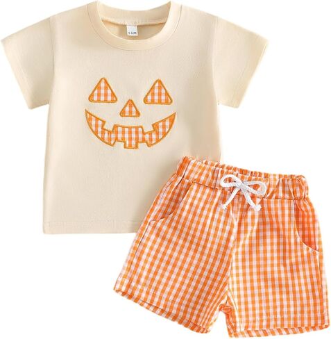 Karuedoo Kids Toddler Baby Boy Halloween Outfit Pumpkin Face Embroidery Short Sleeve T Shirt Plaid Shorts Set Fall Clothes in Kuwait