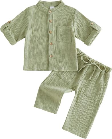 Cotton Linen Clothes for Toddler Boys Shirt Pants Outfits Set | Toddler Boys Cotton Linen Outfit Long Sleeve Button Down Shirts and Long Pants Set 2Pcs Fall Winter Clothes in Kuwait
