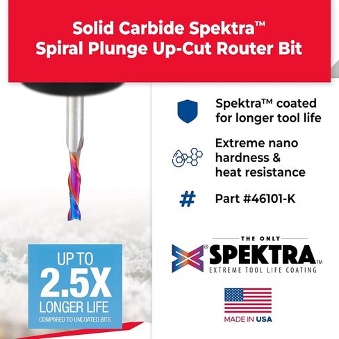 Amana Tool Spektra Extreme Tool Life Coated Solid Carbide Spiral Plunge Router Bit, 46101-K, 3/16 Dia x 3/4 CH x 1/4 Shank 2 Inch Long Up-Cut in Kuwait