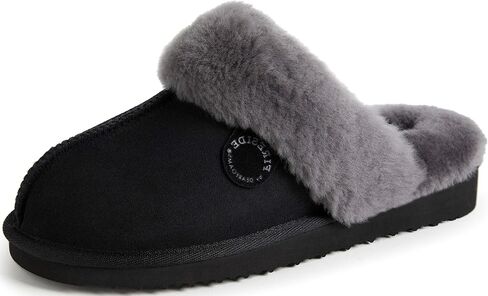 Dearfoams Women's Fireside Sydney Shearling Indoor/Outdoor Scuff Slipper with Wide Widths, Black/Grey Fur, 8 in Kuwait