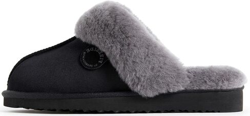 Dearfoams Women's Fireside Sydney Shearling Indoor/Outdoor Scuff Slipper with Wide Widths, Black/Grey Fur, 8 in Kuwait