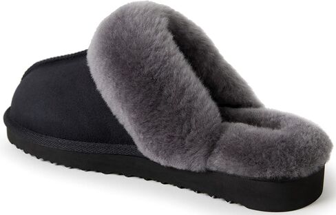 Dearfoams Women's Fireside Sydney Shearling Indoor/Outdoor Scuff Slipper with Wide Widths, Black/Grey Fur, 8 in Kuwait