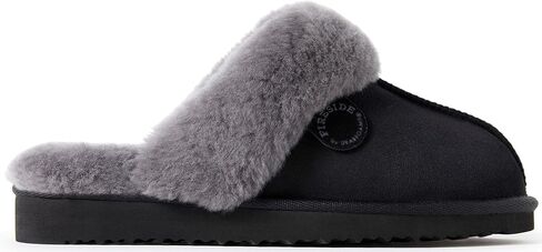 Dearfoams Women's Fireside Sydney Shearling Indoor/Outdoor Scuff Slipper with Wide Widths, Black/Grey Fur, 8 in Kuwait
