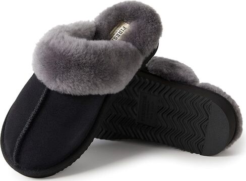 Dearfoams Women's Fireside Sydney Shearling Indoor/Outdoor Scuff Slipper with Wide Widths, Black/Grey Fur, 8 in Kuwait