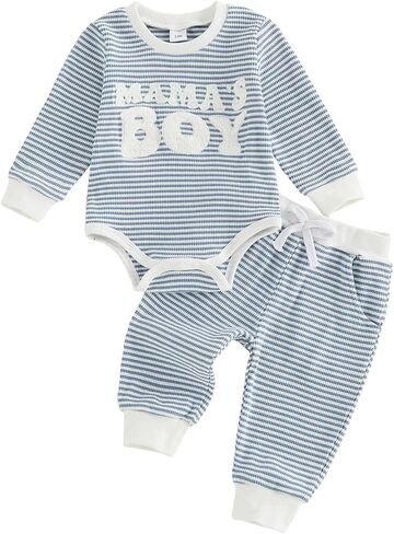 Newborn Baby Boy Fall Clothes Waffle 3 6 12 18 Months Winter Outfit | Infant Baby Boy Fall Winter Clothes Letter Embroidery Waffle Long Sleeve Romper Pant Sets in Kuwait