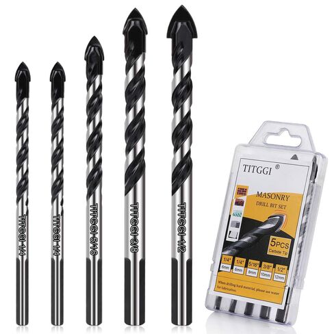 5-Piece Masonry Drill Bit Set & Concrete Drill Bit Set, 5 Sizes, 1/4"-1/2" | Carbide Drill Bits for Tile, Ceramic, Glass, Cement & Brick, Bath & Kitchen, Dual U-Groove, 3-Flat Shank, Standard Drill Fit in Kuwait