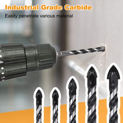 5-Piece Masonry Drill Bit Set & Concrete Drill Bit Set, 5 Sizes, 1/4"-1/2" | Carbide Drill Bits for Tile, Ceramic, Glass, Cement & Brick, Bath & Kitchen, Dual U-Groove, 3-Flat Shank, Standard Drill Fit in Kuwait