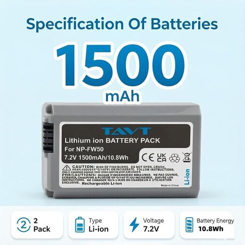 2-Pack NP-FW50 1500mAh Battery & PD20W Fast Charger + SD Card Slots – Compatible with Sony ZV-E10, A6000 A6300 A6400 A6500, A7/A7R/A7S (I & II), NEX-3N/5/6/7, RX10 II-IV, A33, A35, A37, A55 in Kuwait