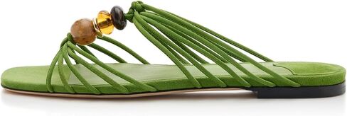 Womens Strappy Flat Slide Sandals Dressy Slip On Sandals Square Open Toe Beaded Summer Slides Vacation Resort Beach Shoes in Kuwait