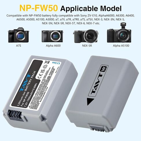 2-Pack NP-FW50 1500mAh Battery & PD20W Fast Charger + SD Card Slots – Compatible with Sony ZV-E10, A6000 A6300 A6400 A6500, A7/A7R/A7S (I & II), NEX-3N/5/6/7, RX10 II-IV, A33, A35, A37, A55 in Kuwait