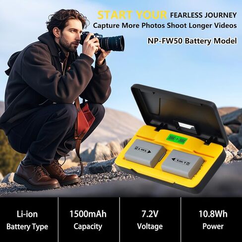 2-Pack NP-FW50 1500mAh Battery & PD20W Fast Charger + SD Card Slots – Compatible with Sony ZV-E10, A6000 A6300 A6400 A6500, A7/A7R/A7S (I & II), NEX-3N/5/6/7, RX10 II-IV, A33, A35, A37, A55 in Kuwait