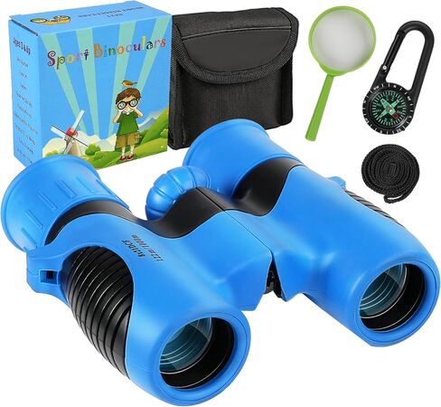 Portable Kids Binoculars 8x21 - Compact Shockproof Real Binoculars for Kids | Great for Bird Watching, Camping, Hiking | Educational Birthday Gift for Boys & Girls Aged 3-12 | Incl. Compass & Carabiner in Kuwait