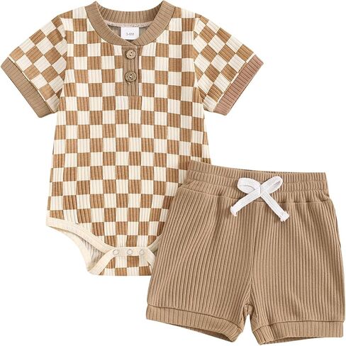 MA&BABY Newborn Baby Boy Girl Clothes 3 6 9 12 18 Months Ribbed Knit Short Sleeve Romper Shorts Set Infant Summer Outfits (Checkered- Khaki, 0-3 Months) in Kuwait