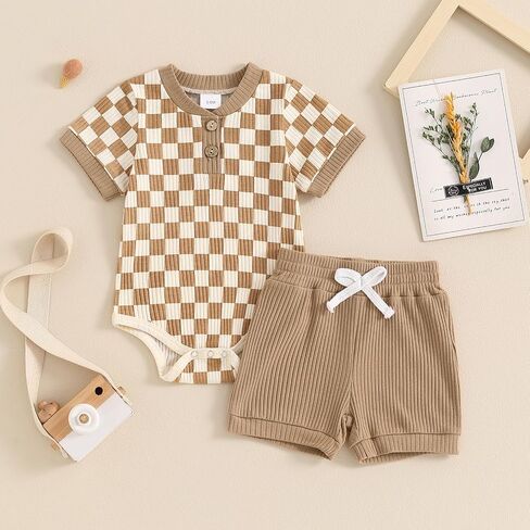 MA&BABY Newborn Baby Boy Girl Clothes 3 6 9 12 18 Months Ribbed Knit Short Sleeve Romper Shorts Set Infant Summer Outfits (Checkered- Khaki, 0-3 Months) in Kuwait