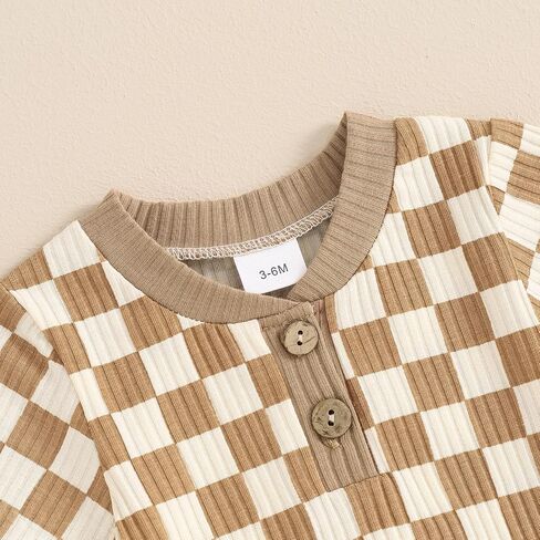 MA&BABY Newborn Baby Boy Girl Clothes 3 6 9 12 18 Months Ribbed Knit Short Sleeve Romper Shorts Set Infant Summer Outfits (Checkered- Khaki, 0-3 Months) in Kuwait