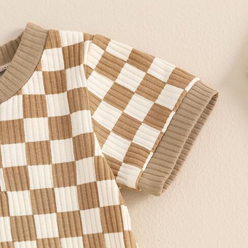 MA&BABY Newborn Baby Boy Girl Clothes 3 6 9 12 18 Months Ribbed Knit Short Sleeve Romper Shorts Set Infant Summer Outfits (Checkered- Khaki, 0-3 Months) in Kuwait