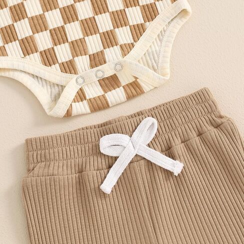 MA&BABY Newborn Baby Boy Girl Clothes 3 6 9 12 18 Months Ribbed Knit Short Sleeve Romper Shorts Set Infant Summer Outfits (Checkered- Khaki, 0-3 Months) in Kuwait