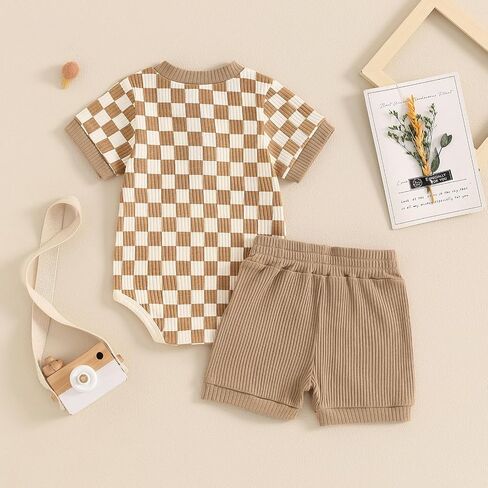 MA&BABY Newborn Baby Boy Girl Clothes 3 6 9 12 18 Months Ribbed Knit Short Sleeve Romper Shorts Set Infant Summer Outfits (Checkered- Khaki, 0-3 Months) in Kuwait