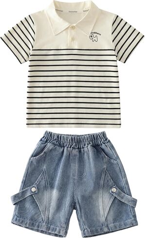 JQT Baby Boys' Striped Polo Shirt and Denim Cargo Shorts Set, Cotton, Nautical Preppy, 2-Piece, Ages 0-5 Years in Kuwait