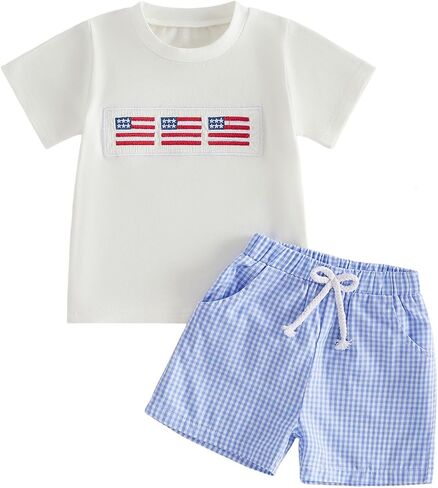 Toddler Baby Boy 4th of July Outfit American Flag Embroidery Smocked Short Sleeve T Shirt Top and Plaid Shorts Set in Kuwait