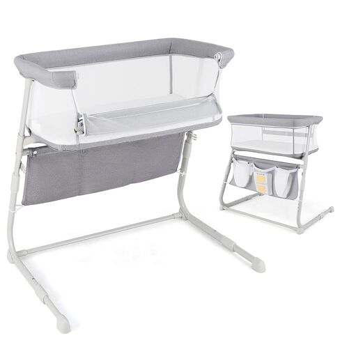 HONEY JOY Baby Bassinet Bedside Sleeper, Baby Bed Crib for Newborn w/ 5 Adjustable Heights, Storage Pockets, Mattress & Breathable Mesh, Easy to Assemble, Portable Bed Side Bassinet for Infant, Grey in Kuwait