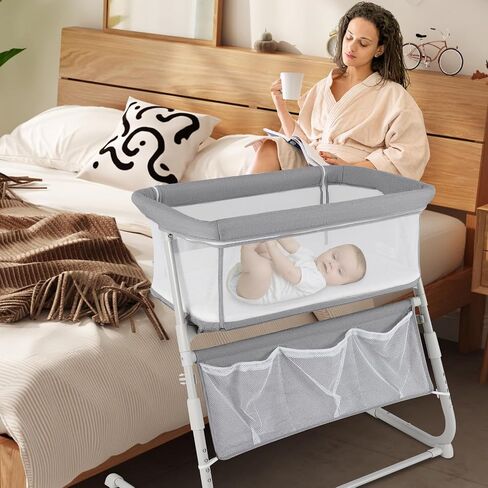HONEY JOY Baby Bassinet Bedside Sleeper, Baby Bed Crib for Newborn w/ 5 Adjustable Heights, Storage Pockets, Mattress & Breathable Mesh, Easy to Assemble, Portable Bed Side Bassinet for Infant, Grey in Kuwait