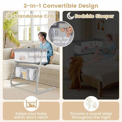 HONEY JOY Baby Bassinet Bedside Sleeper, Baby Bed Crib for Newborn w/ 5 Adjustable Heights, Storage Pockets, Mattress & Breathable Mesh, Easy to Assemble, Portable Bed Side Bassinet for Infant, Grey in Kuwait