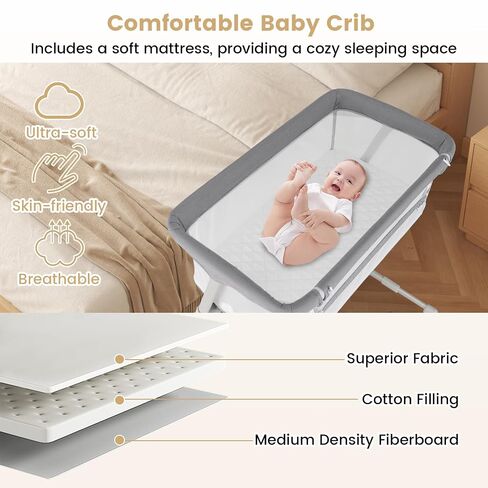 HONEY JOY Baby Bassinet Bedside Sleeper, Baby Bed Crib for Newborn w/ 5 Adjustable Heights, Storage Pockets, Mattress & Breathable Mesh, Easy to Assemble, Portable Bed Side Bassinet for Infant, Grey in Kuwait