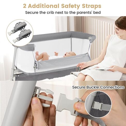 HONEY JOY Baby Bassinet Bedside Sleeper, Baby Bed Crib for Newborn w/ 5 Adjustable Heights, Storage Pockets, Mattress & Breathable Mesh, Easy to Assemble, Portable Bed Side Bassinet for Infant, Grey in Kuwait
