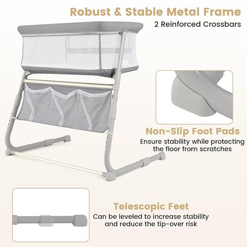 HONEY JOY Baby Bassinet Bedside Sleeper, Baby Bed Crib for Newborn w/ 5 Adjustable Heights, Storage Pockets, Mattress & Breathable Mesh, Easy to Assemble, Portable Bed Side Bassinet for Infant, Grey in Kuwait