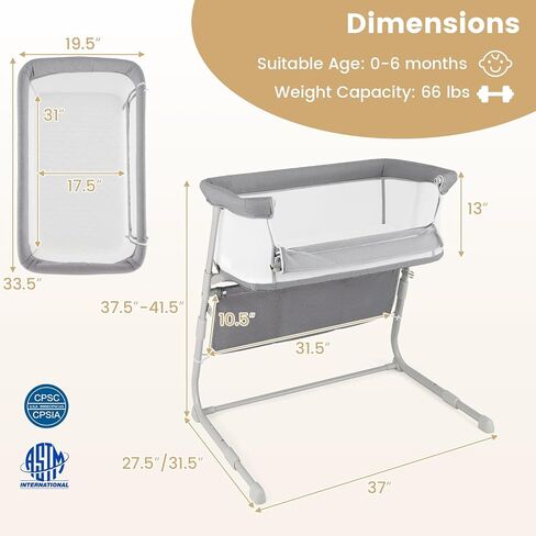 HONEY JOY Baby Bassinet Bedside Sleeper, Baby Bed Crib for Newborn w/ 5 Adjustable Heights, Storage Pockets, Mattress & Breathable Mesh, Easy to Assemble, Portable Bed Side Bassinet for Infant, Grey in Kuwait