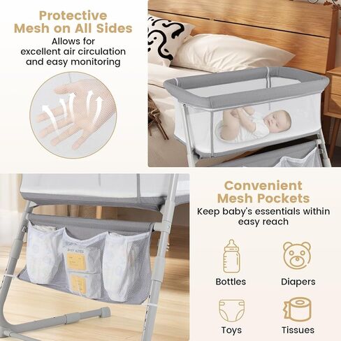 HONEY JOY Baby Bassinet Bedside Sleeper, Baby Bed Crib for Newborn w/ 5 Adjustable Heights, Storage Pockets, Mattress & Breathable Mesh, Easy to Assemble, Portable Bed Side Bassinet for Infant, Grey in Kuwait