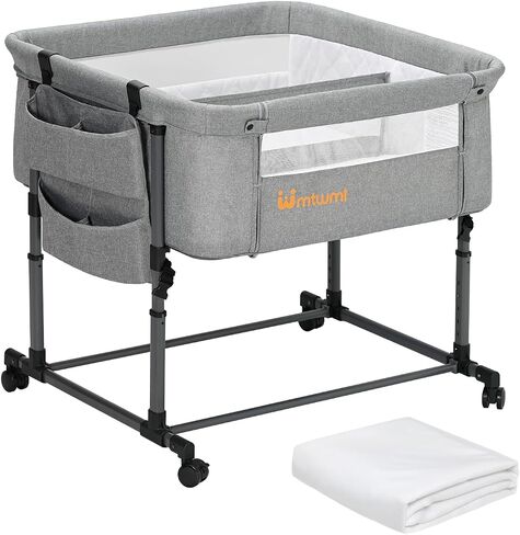 MTWML Twin Bassinet for 2 Babies, Portable Twins Crib with Storage Bag and Replaceable Mattress Cover, Adjustable Height Double Bedside Crib Attaches to Bed with Strap for 0-6 Months, Deep Grey in Kuwait