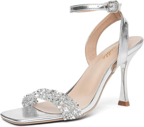 Women’s Rhinestone High Heel Sandals Square Open Toe Ankle Strap Sparkly Clear Strap Stiletto Heels Metallic Dress Shoes for Wedding Party Prom Evening in Kuwait