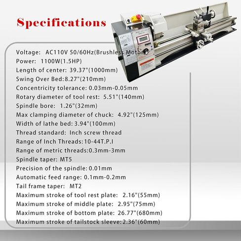 Metal Bench Lathe Benchtop Inch thread Mini Metal Lathe Variable Speed 8"*39" for Woodworking Metalworking 4-Way Tool Post, 50-2500rmp Three-Jaw Chuck 110V 1100W in Kuwait