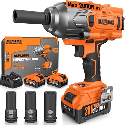 ALLOYPOWER Cordless Brushless Impact Wrench, 1475 ft-lbs (2000N.m), 1/2 High Torque power impact gun, 3-Mode Speed, 2*4000mAh Battery, 3 Sockets, Electric Impact Wrench Set for Car Tire Truck RV Mower in Saudi Arabia