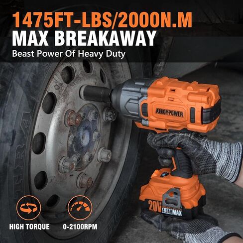 ALLOYPOWER Cordless Brushless Impact Wrench, 1475 ft-lbs (2000N.m), 1/2 High Torque power impact gun, 3-Mode Speed, 2*4000mAh Battery, 3 Sockets, Electric Impact Wrench Set for Car Tire Truck RV Mower in Kuwait