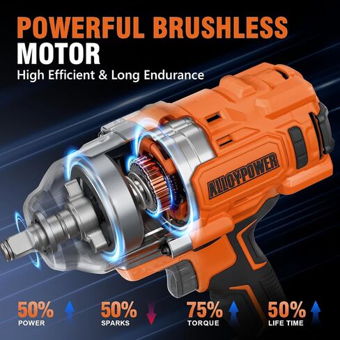 ALLOYPOWER Cordless Brushless Impact Wrench, 1475 ft-lbs (2000N.m), 1/2 High Torque power impact gun, 3-Mode Speed, 2*4000mAh Battery, 3 Sockets, Electric Impact Wrench Set for Car Tire Truck RV Mower in Kuwait