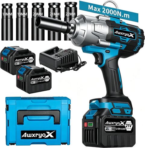 AwxryoX 2000Nm Cordless Impact Wrench, 1/2" 1500Ft-lbs Brushless High Torque Impact Gun with 2 x 6.0Ah Battery & 5 Sockets, 21V Heavy Duty Impact Wrench Set with 3-Mode Speed for Car/Truck RV/Mower in Kuwait