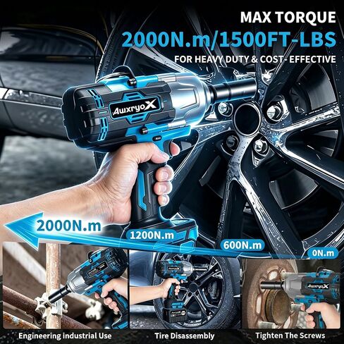 AwxryoX 2000Nm Cordless Impact Wrench, 1/2" 1500Ft-lbs Brushless High Torque Impact Gun with 2 x 6.0Ah Battery & 5 Sockets, 21V Heavy Duty Impact Wrench Set with 3-Mode Speed for Car/Truck RV/Mower in Kuwait