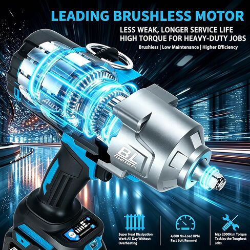 AwxryoX 2000Nm Cordless Impact Wrench, 1/2" 1500Ft-lbs Brushless High Torque Impact Gun with 2 x 6.0Ah Battery & 5 Sockets, 21V Heavy Duty Impact Wrench Set with 3-Mode Speed for Car/Truck RV/Mower in Kuwait
