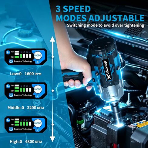 AwxryoX 2000Nm Cordless Impact Wrench, 1/2" 1500Ft-lbs Brushless High Torque Impact Gun with 2 x 6.0Ah Battery & 5 Sockets, 21V Heavy Duty Impact Wrench Set with 3-Mode Speed for Car/Truck RV/Mower in Kuwait