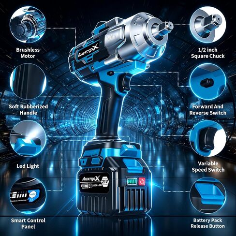 AwxryoX 2000Nm Cordless Impact Wrench, 1/2" 1500Ft-lbs Brushless High Torque Impact Gun with 2 x 6.0Ah Battery & 5 Sockets, 21V Heavy Duty Impact Wrench Set with 3-Mode Speed for Car/Truck RV/Mower in Kuwait