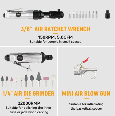 Hoteche 71-Piece Air Tool Kit | 1/2" Single-Hammer Air Impact Wrench (7000RPM), 1/2" Air Ratchet Wrench & Multiple Tools, Blow-Molded Case in Kuwait