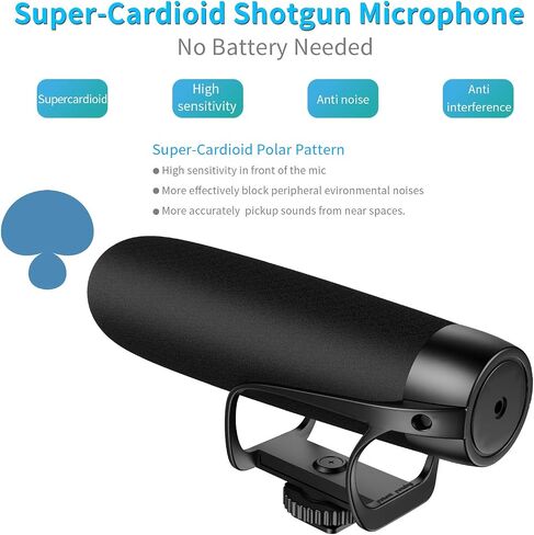 On-Camera 3.5mm Shotgun Microphone with Suspension Mount for DSLRs, Cameras, Camcorders, Mobile Devices, and Portable Audio Recorders. Super-Cardioid Polar Pattern for Voice Recording in Kuwait