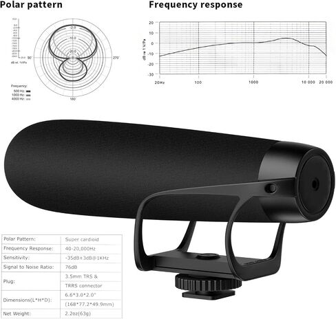On-Camera 3.5mm Shotgun Microphone with Suspension Mount for DSLRs, Cameras, Camcorders, Mobile Devices, and Portable Audio Recorders. Super-Cardioid Polar Pattern for Voice Recording in Kuwait
