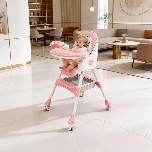 4-in-1 Baby High Chair for Babies & Toddlers, Foldable High Chair with Detachable PU Cushion, Removable Tray, Adjustable Height,Pink in Kuwait